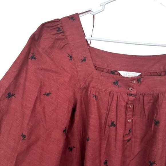 Lauren Conrad Women SZ M Square Neck Embroidered Long Sleeve Blouse Maroon - Picture 5 of 14